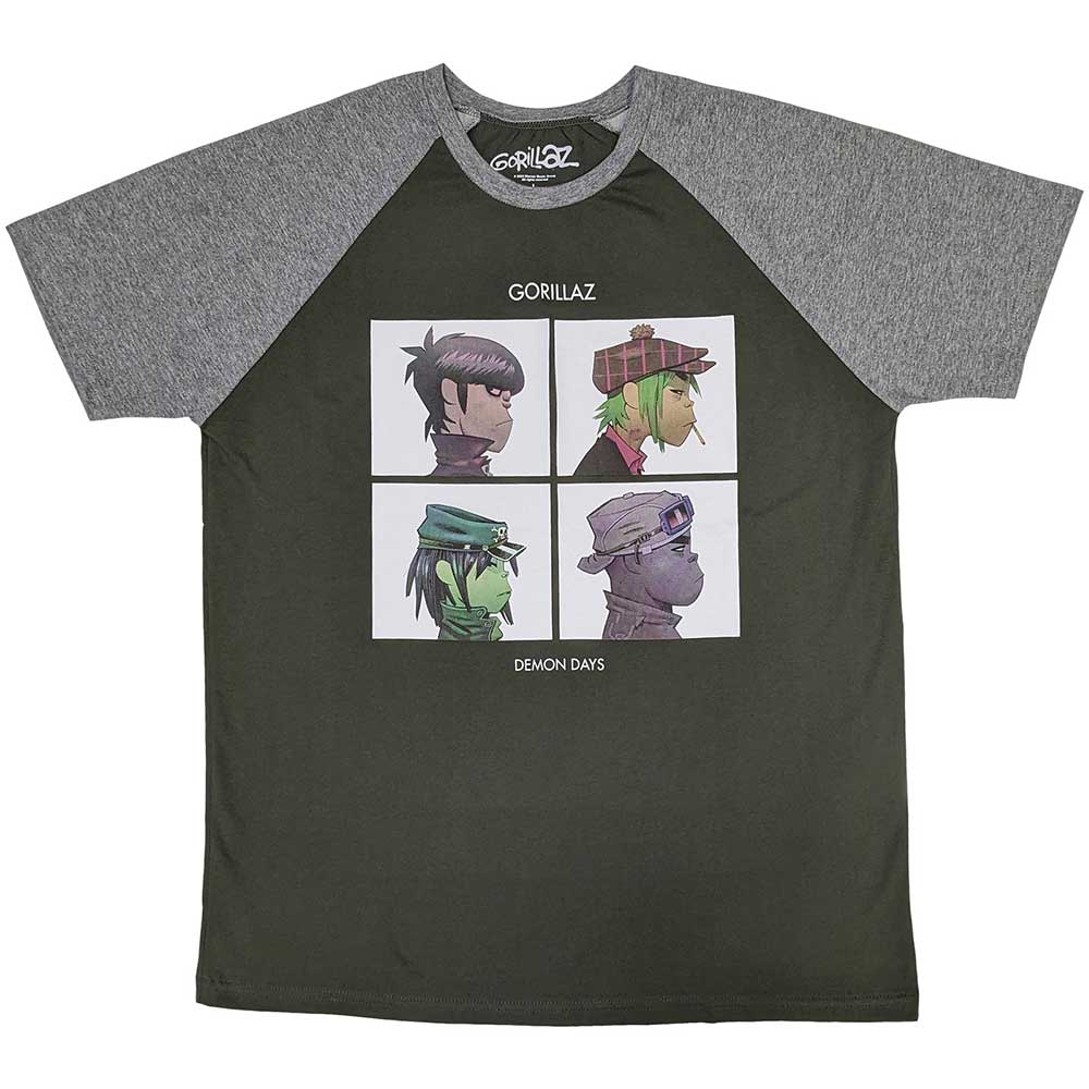 Gorillaz Unisex Raglan T-Shirt: Demon Days (Khaki Green & Grey)